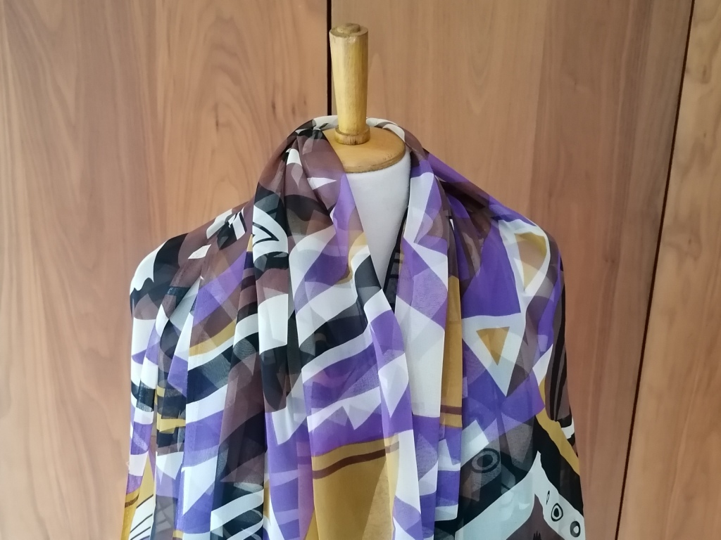 chiffon geometrische tekening oker paars 2m - Afbeelding 3