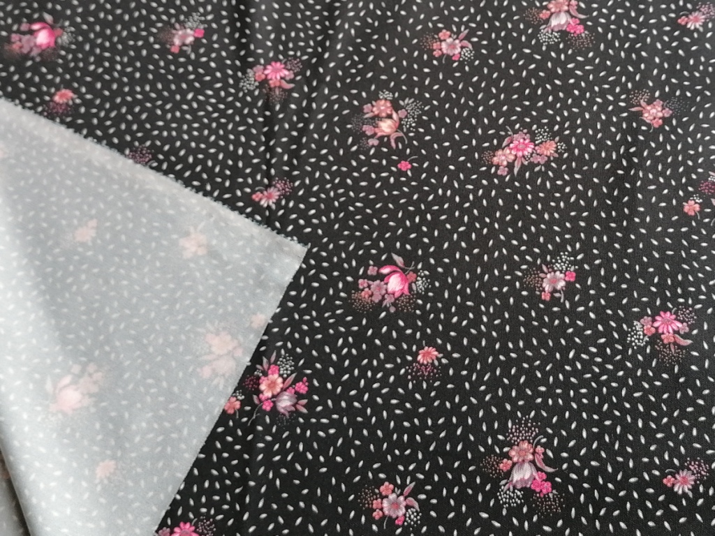Jaren 80 gladde jersey zijdeglans stippen bloemetjes zwart roze 2m - Afbeelding 3