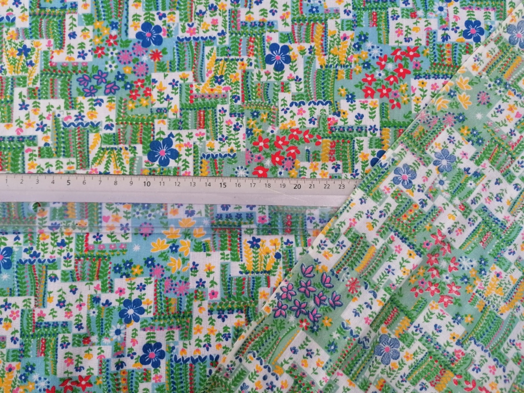 Jaren 70 dunne katoen ditsy bloemetjes blauw geel groen /10cm - Afbeelding 2