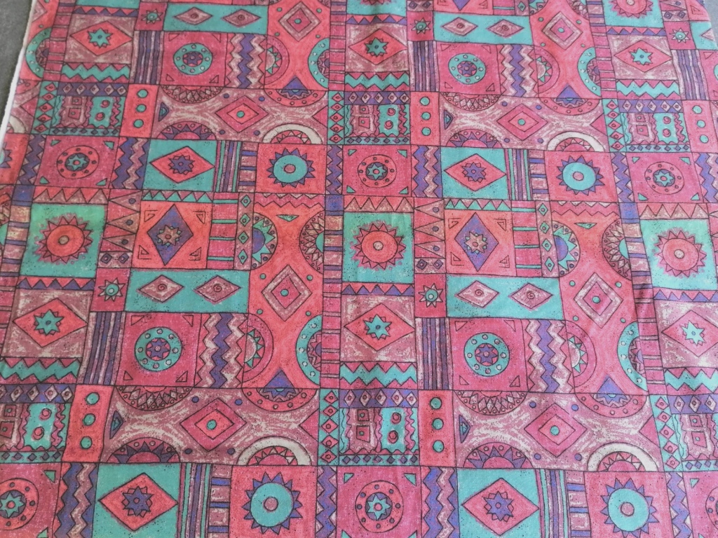 Jaren 80 dunne katoen geometrisch mozaïek oudroze petrol /