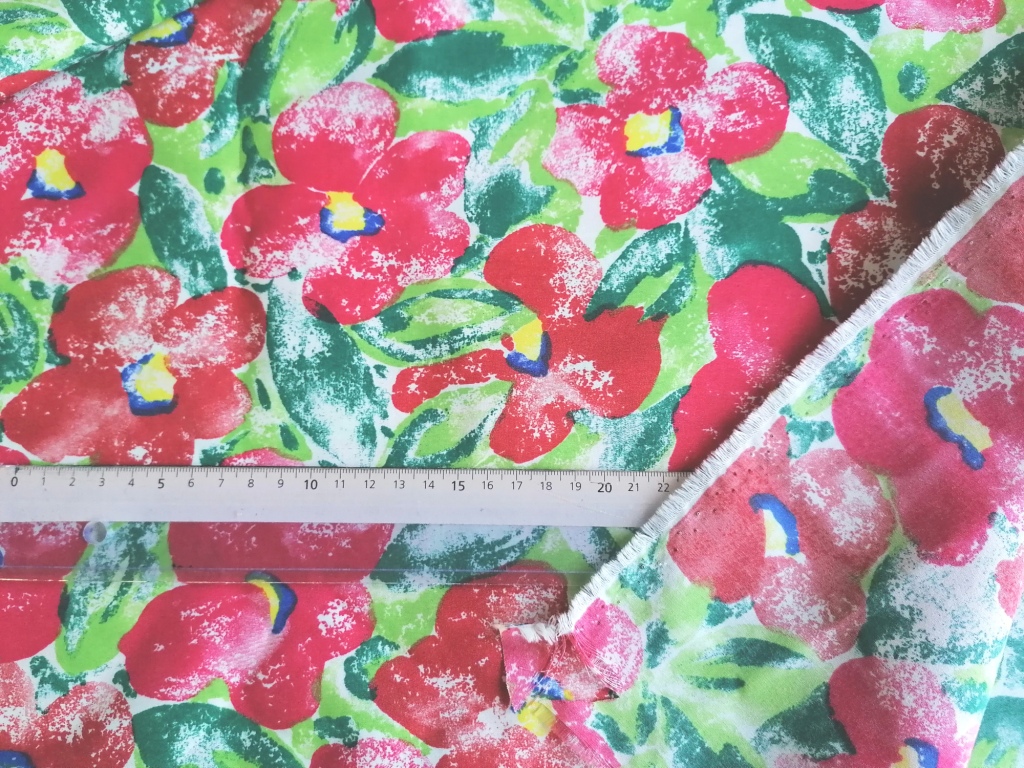 Jaren 70/80 dunne katoenmix rode bloemen groen /10cm - Afbeelding 2