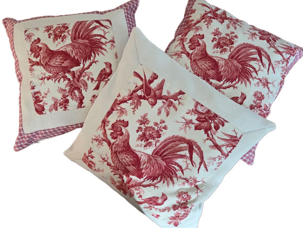3 exclusieve kussens creme-rood met haan op.