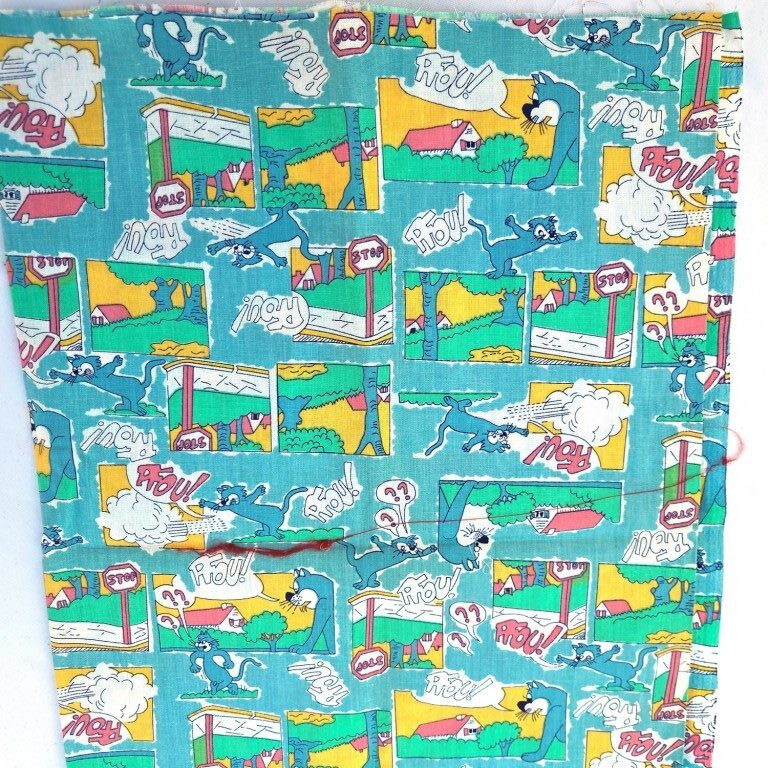 Jaren 70 dunne katoen stripverhaal teal blauw